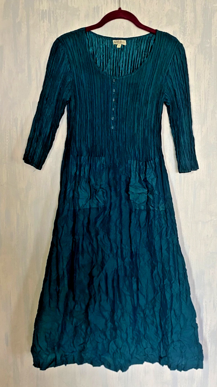 ALQUEMA Smash Pocket Dress Crinkle Pleated Lagenlook Henley Teal Green Midi S 0